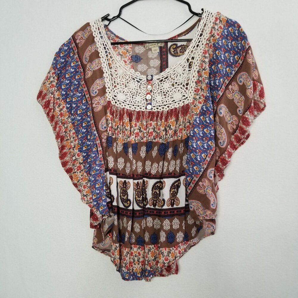 ❤️ 3/$12. Energe World Wear Y2K Paisley Boho Blouse Crochet XL